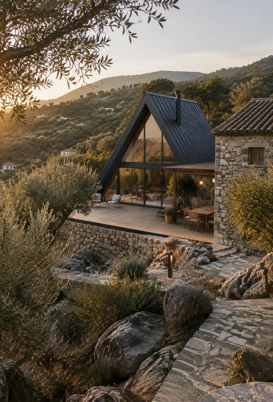 Chalé A-frame junto a casa de xisto na Capinha ao pôr do sol